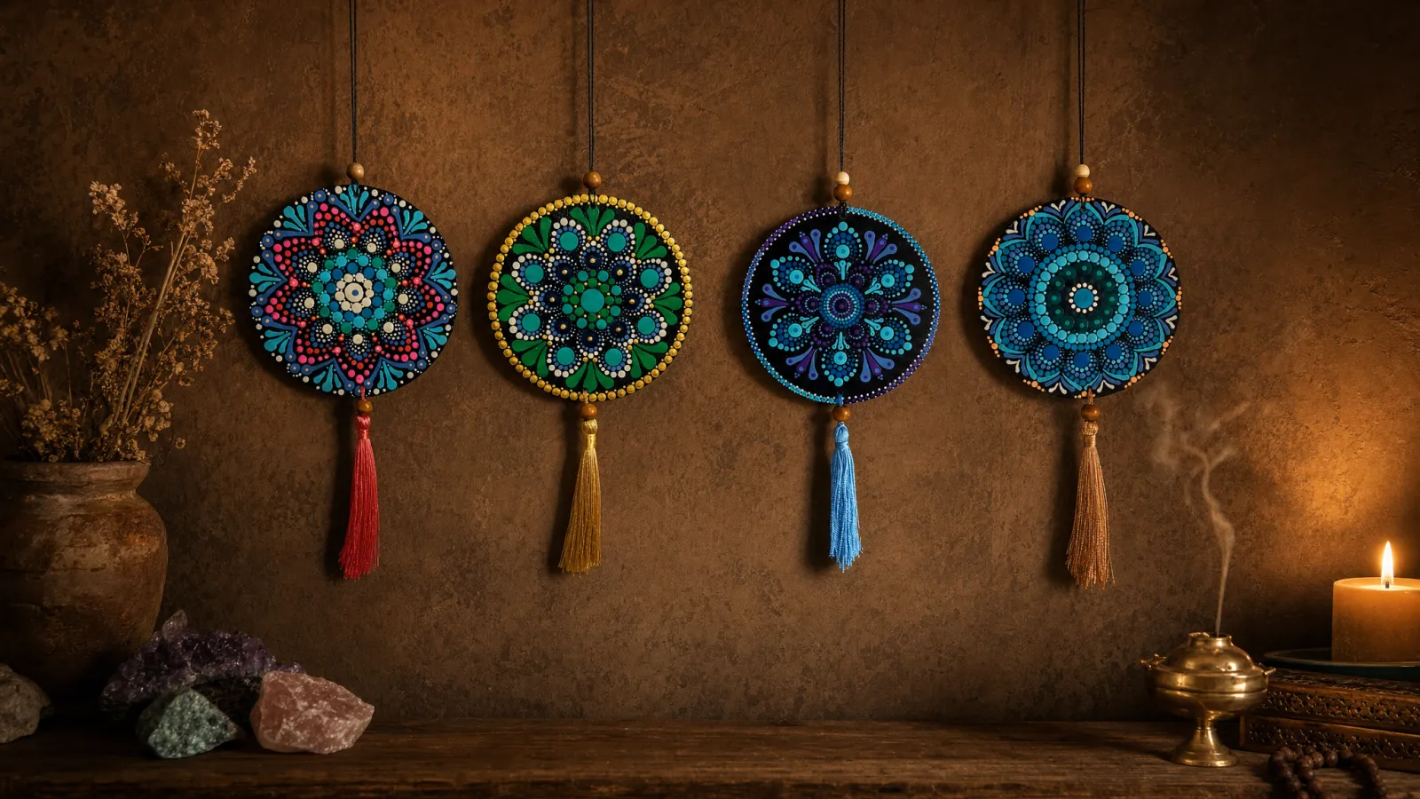 Quatro mandalas da InDuo penduradas em uma parede de ateliê, entre incenso, pedras e luz de vela