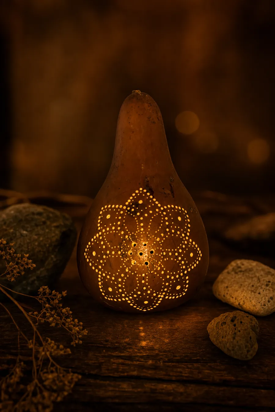 Cabaça com mandala perfurada acesa como luminária, sobre mesa de madeira com pedras