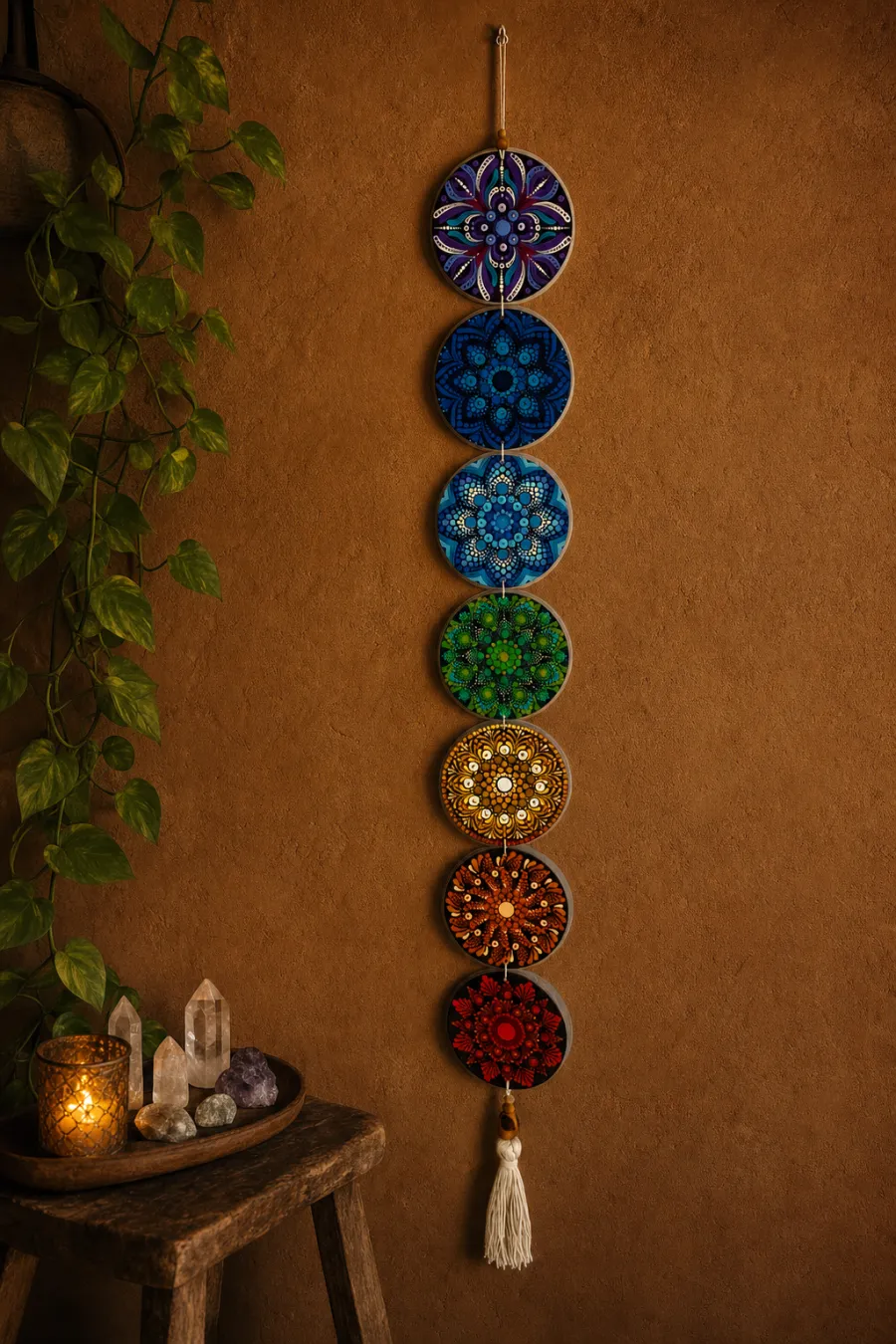 Fio vertical com sete mandalas pontilhadas, do violeta ao vermelho, em parede de ateliê com planta e vela